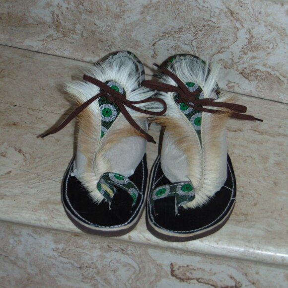 Boho Hippie African Springbok Fur Hide Zulu Imbadada Leather Batik Sandals Women - Picture 5 of 14